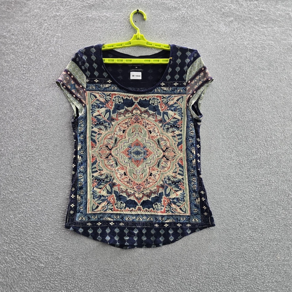 Lucky Brand Women Shirt M Blue Floral Persian Carpet Graphic Boho Scoop Neck Tee
